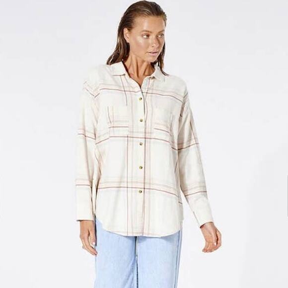 Rip Curl Women's Sayulita Flannel long sleeve shirt bone plaid Medium NWT - Picture 1 of 7
